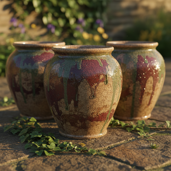 Rustic Hand-Glazed Terracotta Garden Urns (Set of 3)